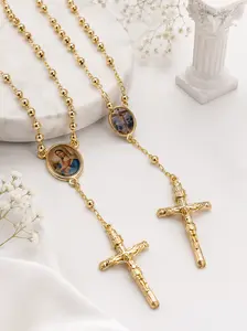 Yordy Religious rosary, traditional design, 14k gold plating, Virgin Mary or Crucified Christ.