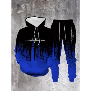 A set of men's casual polyester hoodie and sweatpants, black and blue color block with letter print, comfortable elastic fit, regular style, suitable for casual and outdoor activities, spring and autumn series