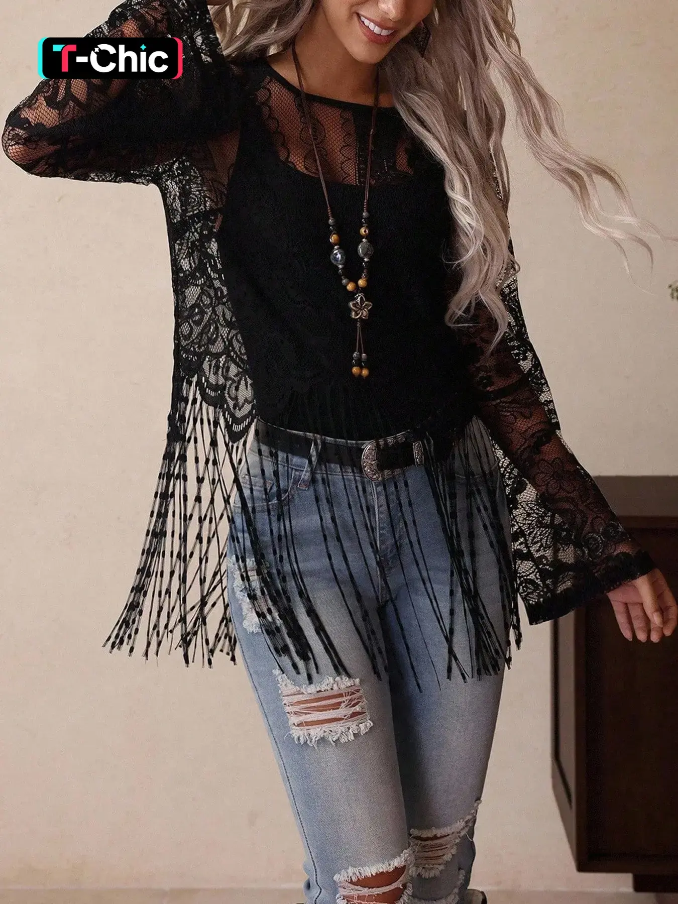1 Spring Summer Western Lace Fringe Top Women Boho Casual Top | Round Neck Bell Long Sleeve Sheer Floral Lace Tassel Hem Blouse | Boho Bohemian Cowgirl Style for Country Concert Festival Vacation Wear Womenswear Bohemian Fitted Top