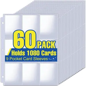 1080 Pockets Card Sleeves Binder Sheets, 9 Pocket Card Sleeves for 3 Ring Binder, Trading Cards Sleeves Fit for Baseball, Football, , Business Cards(60 Pages)