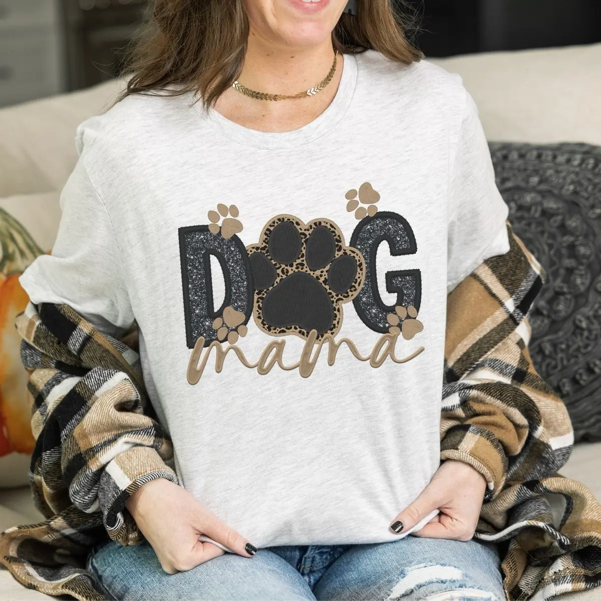 Dog Mama T-shirt- Bleached or Unbleached Options, M Size, Green or Ash Grey Fabric