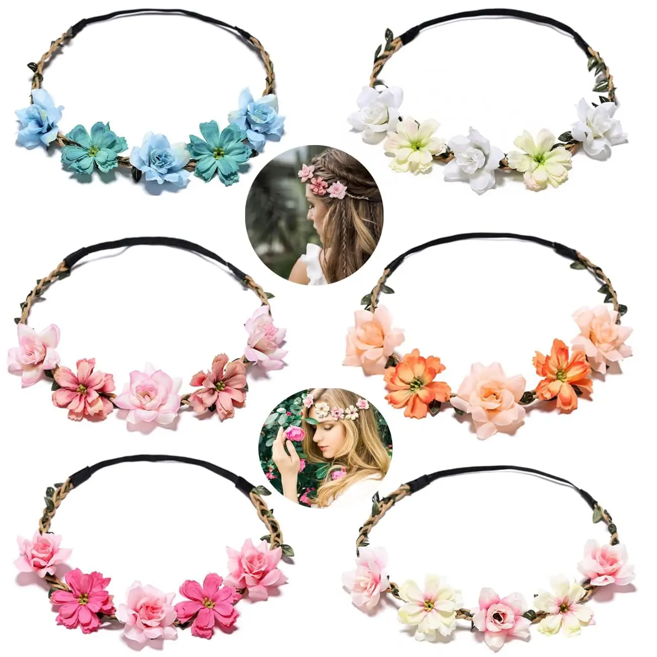 6PCS Women Headpieces Collection Accessories, Boho Hair Wreaths, Flower Crowns, Tiaras for Brides, Bridesmaids, Flower Girls, Weddings ﻿