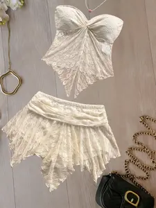 New Lace Halter Top Set for Women V Neck Short Sleeve Top Irregular Mini Skirt Casual Party Beach Womenswear