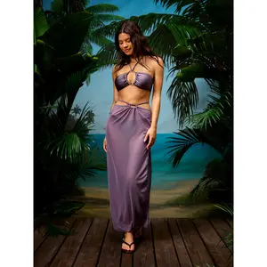 Cider Halter Neckline O-Ring Tube Top & Low Rise Bikini Bottom With Sheer Maxi Skirt Bikini Swimsuit