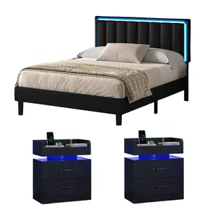 [summervibes] HOMBCK Bed Frame with Nightstand set, Led lights, Faux Leather Adjustable Headboard, Wood Slat Support, No Box Spring Needed, Easy Assembly