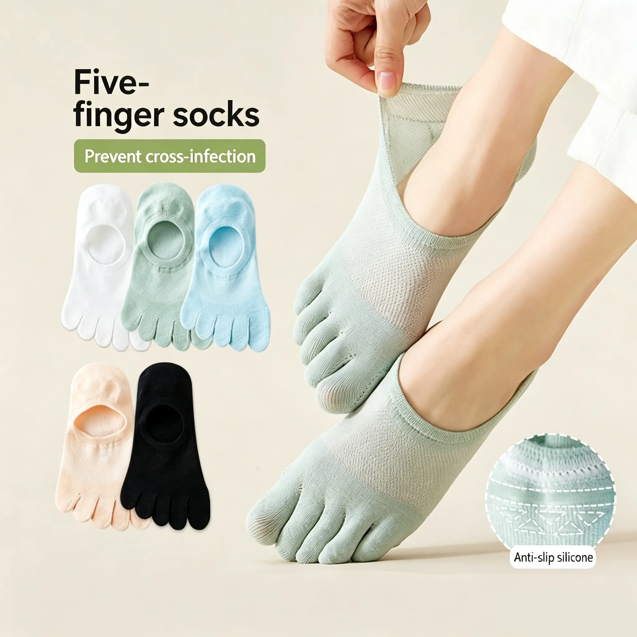 Women's 5-Toe No-Show Cotton Socks - Lightweight Gym Socks with Soft Fabric, Anti-Slip Silicone Liner, Breathable Mesh, Separate Toe Design for Matching Daily Wear & Cross Infection Prevention, Strip, Casual, Style, Solid, Basics, Invisible Sock
