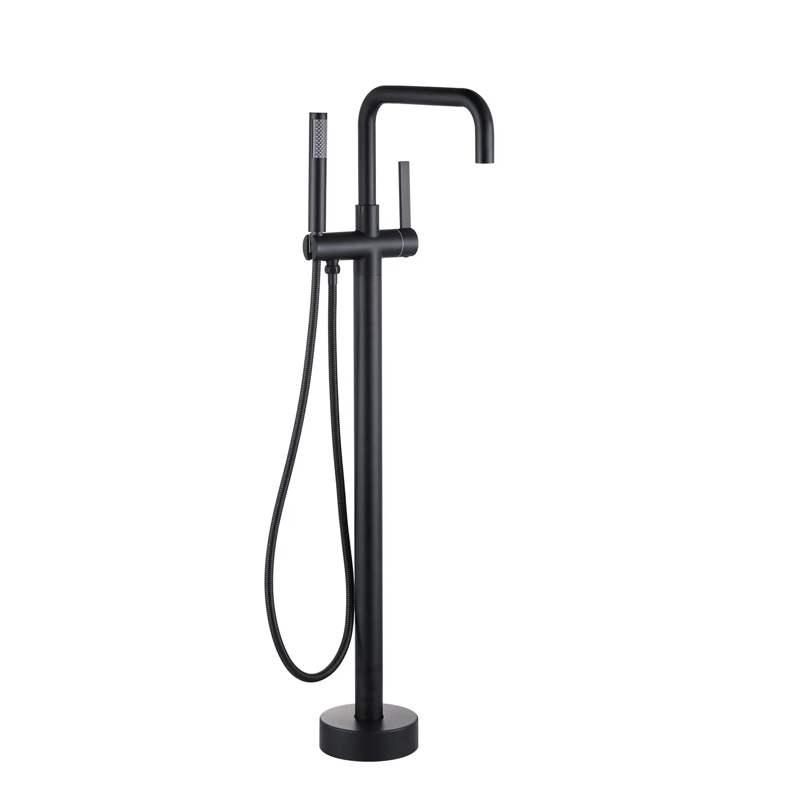 WOWOW Ergonomically Designed Floor-Mounted Curved Single-Handle Stainless Steel Bathtub Faucet with Diverter Valve, Handheld Sprayer, Tripod Brackets, Bolts, 2 Bathing Modes, Matte Black Finish, Easy Installation, Bathtub Fill & Rain Shower Compatibility
