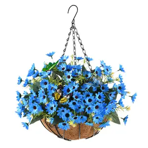 Artificial Hanging Flowers with Baskets, Fake Star Chrysanthemums in 12-inch Coconut Lined Hanging Baskets Decorate courtyards, Outdoors, and Indoors(Blue)