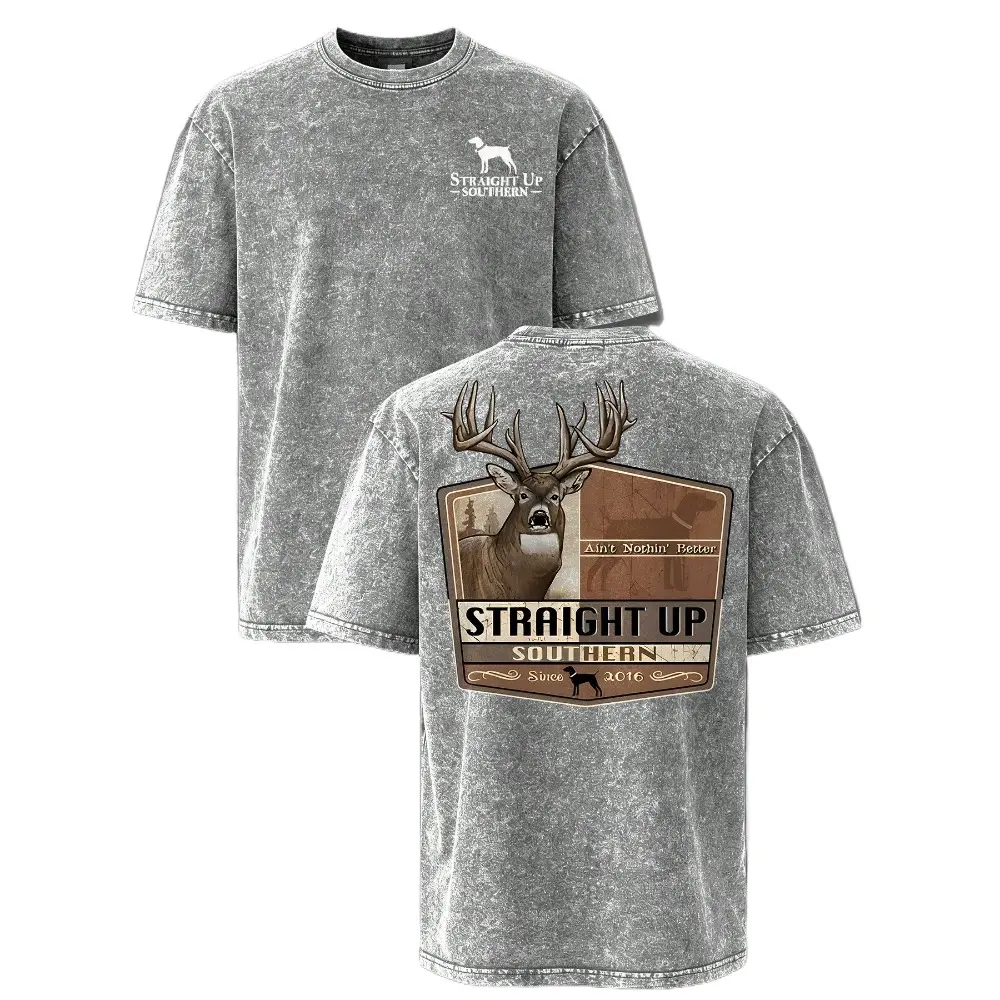 Straight Up Southern Vintage Washed T-Shirt – Whitetail Buck & Pointer Dog Hunting Graphic Tee for Men, Outdoor Casual Shirt, Gift for Southern Deer Hunters