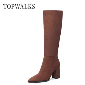 Topwalks Women's Knee High Boots Pointed Toe Chunky Block Heel Platform Comfort Dress Long Boots in Rich Brown Suede