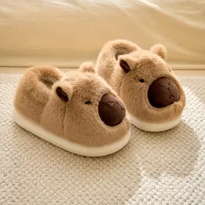Women's Fuzzy Capybara Print Home Slippers - Round Toe, Soft Cotton, Thick Warm Non-Slip Sole, Cozy Plush Slide Footwear for Fall, Winter