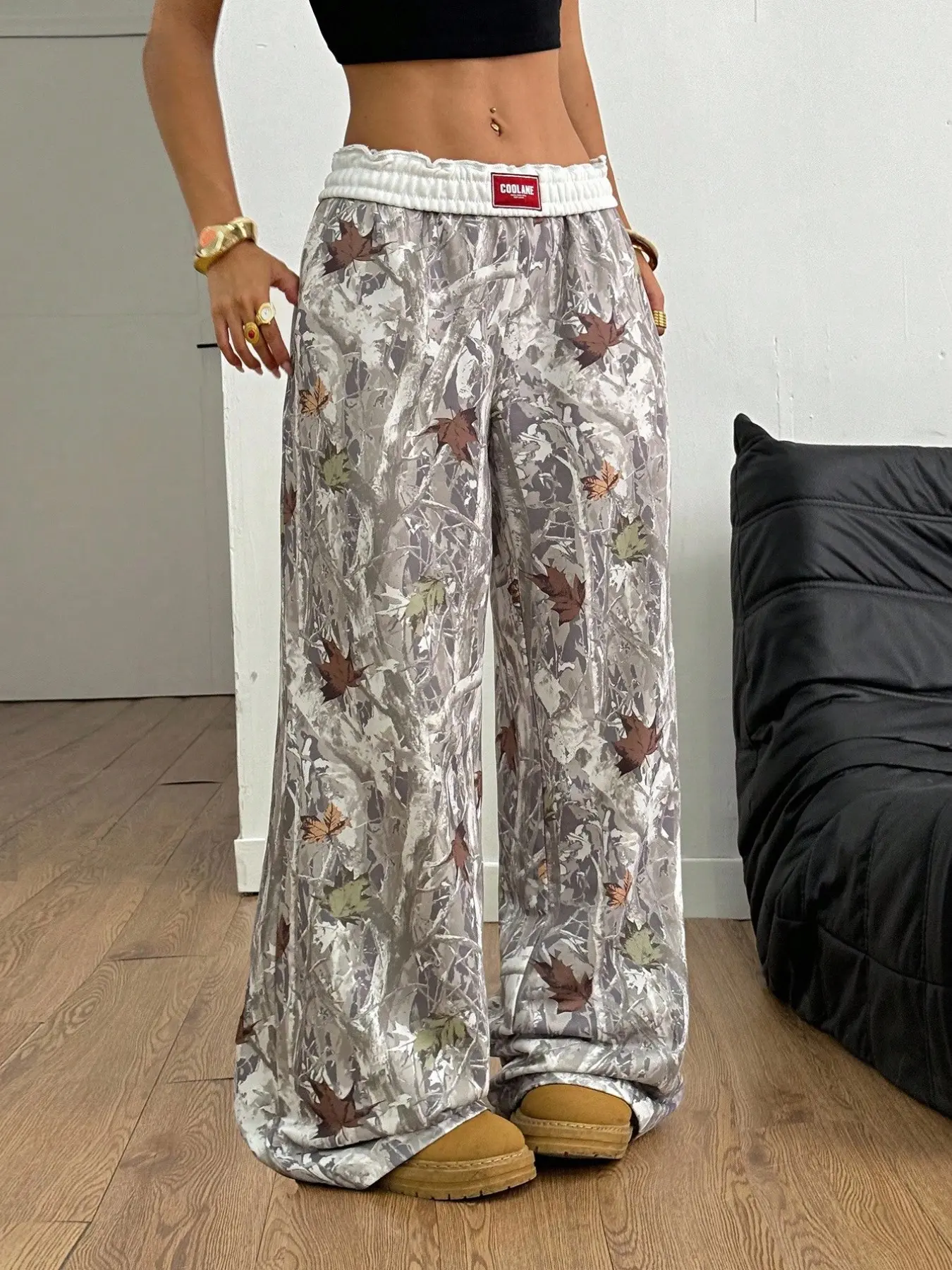 Forest Camo Print Wide-Leg Women's Sweatpants with Contrast Waistband | Y2K Streetwear & Grunge Aesthetic | Elastic Waist, Lazy High Waist & Loose Fit | Versatile Casual Wear | Camo Printed Pants | Perfect for Edgy Fashion Fans