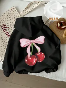 Women's Cherry Bow Print Hoodie, Casual Loose-Fit Drawstring Pocket Sweatshirt, Fall Winter Fashion Pullover for Daily Wear