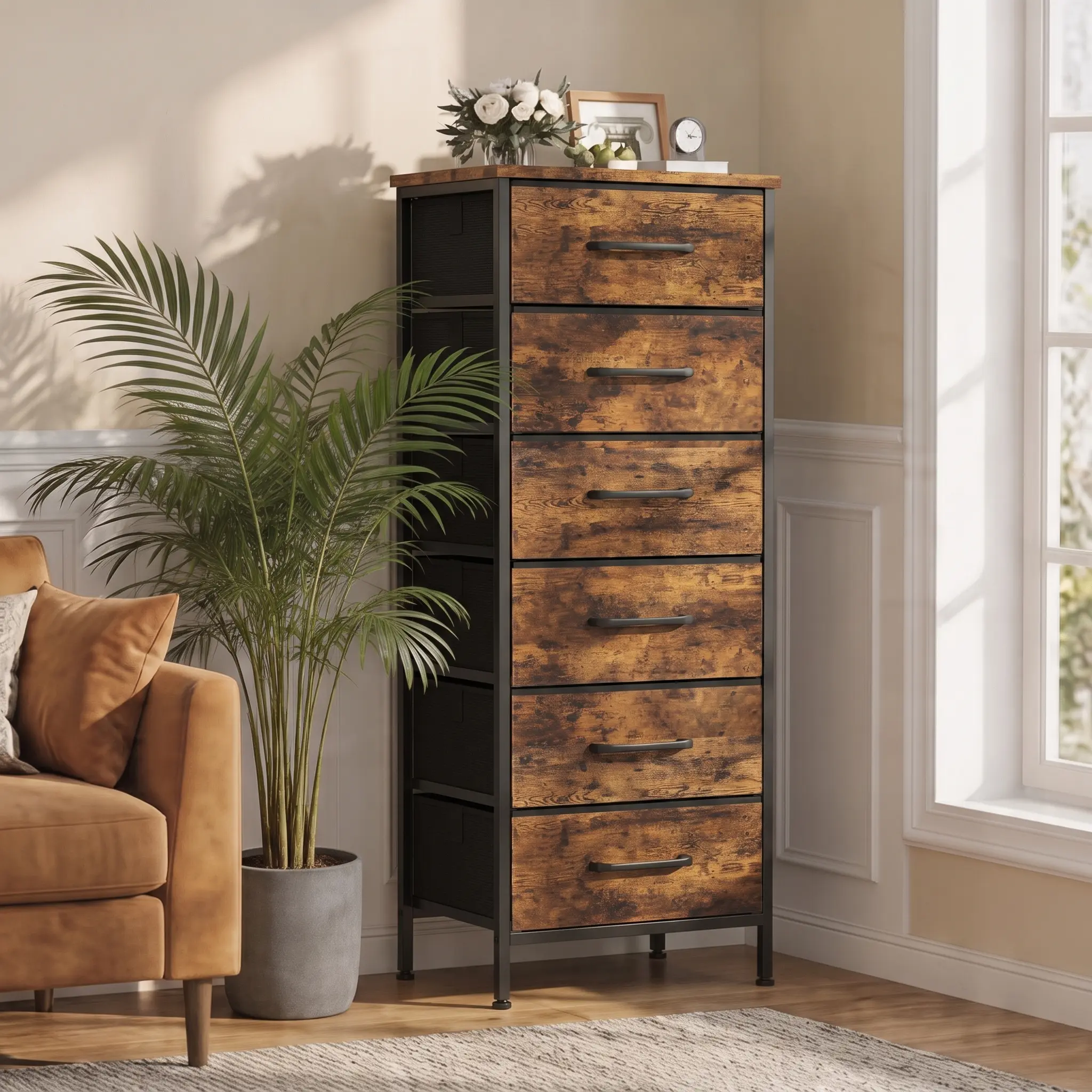 6-Drawer Tall Fabric Chest of Drawers for Bedroom, Kid-Safe Vertical Storage Tower with Reinforced Non-Woven Bins, Waterproof Wood Top, Sturdy Steel Frame & Anti-Tip Organizer for Nursery Entryway cupboard cabinet