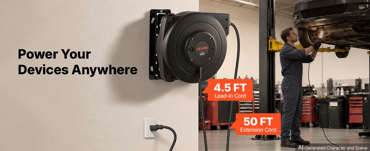 VEVOR Retractable Extension Cord Reel - 50FT Heavy Duty 14AWG/3C SJTOW Black, Ceiling Mount, Wall Mountable, 13A Circuit Breaker, Automatic Retraction, Lighted Triple Tap, 180° Swivel Bracket