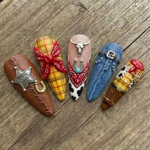 Western Cowgirl Press On Nails | Handmade Denim Bandana Cow Print Nails | 3D Sheriff Star Horseshoe Bull Skull Nail Box with Gift Set (Adhesive Tabs, Nail File, Cuticle Stick) | Reusable Fake Nails