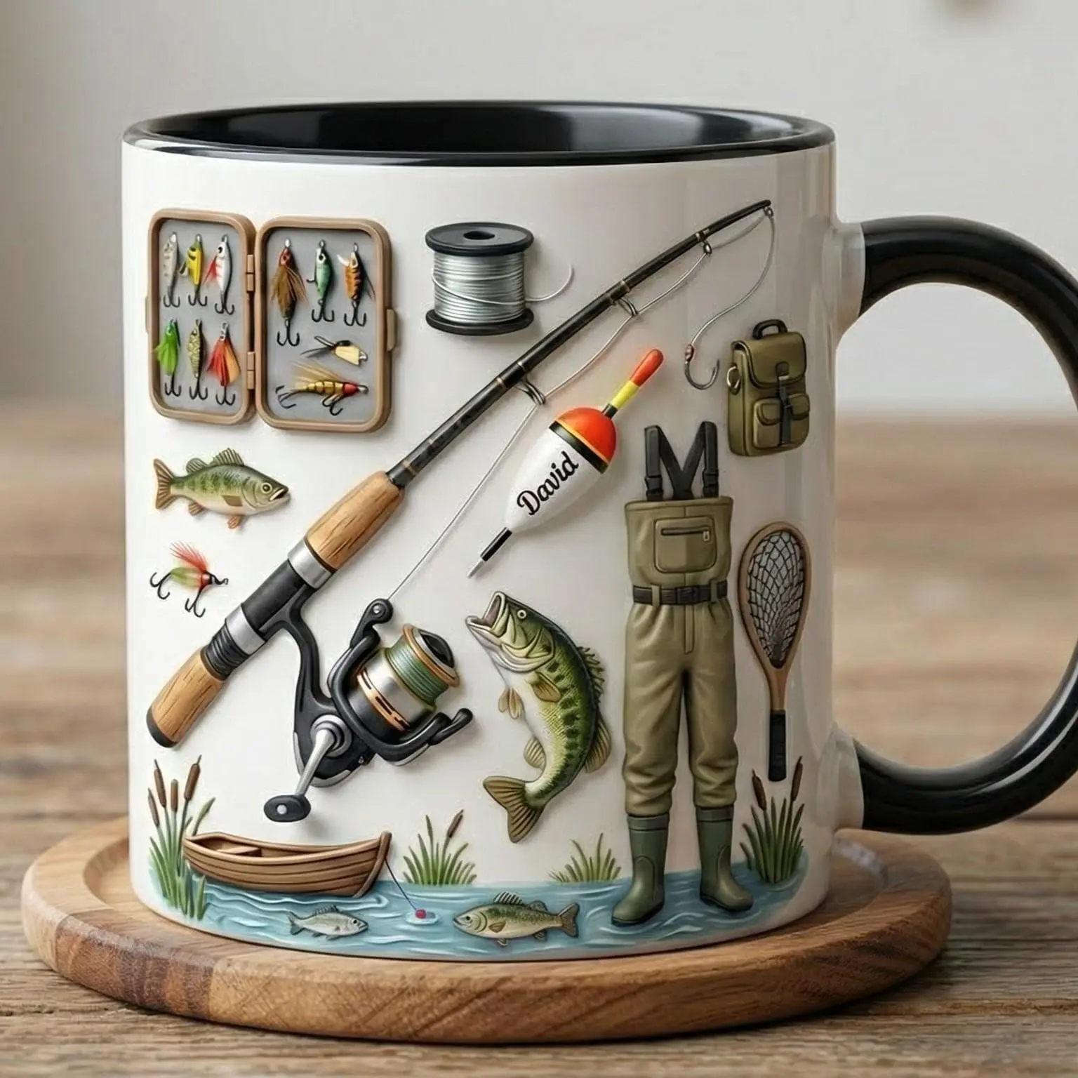 Custom Name Fishing Mug, 2D Printed 3D Effect Fishing Lures Coffee Accent Mug, Personalized Angler Coffee Cup for Fisherman Dad Grandpa and Fishing Lovers, Rustic Lake Style Mug for Outdoor Enthusiasts, Perfect Father’s Day Birthday Gift Idea