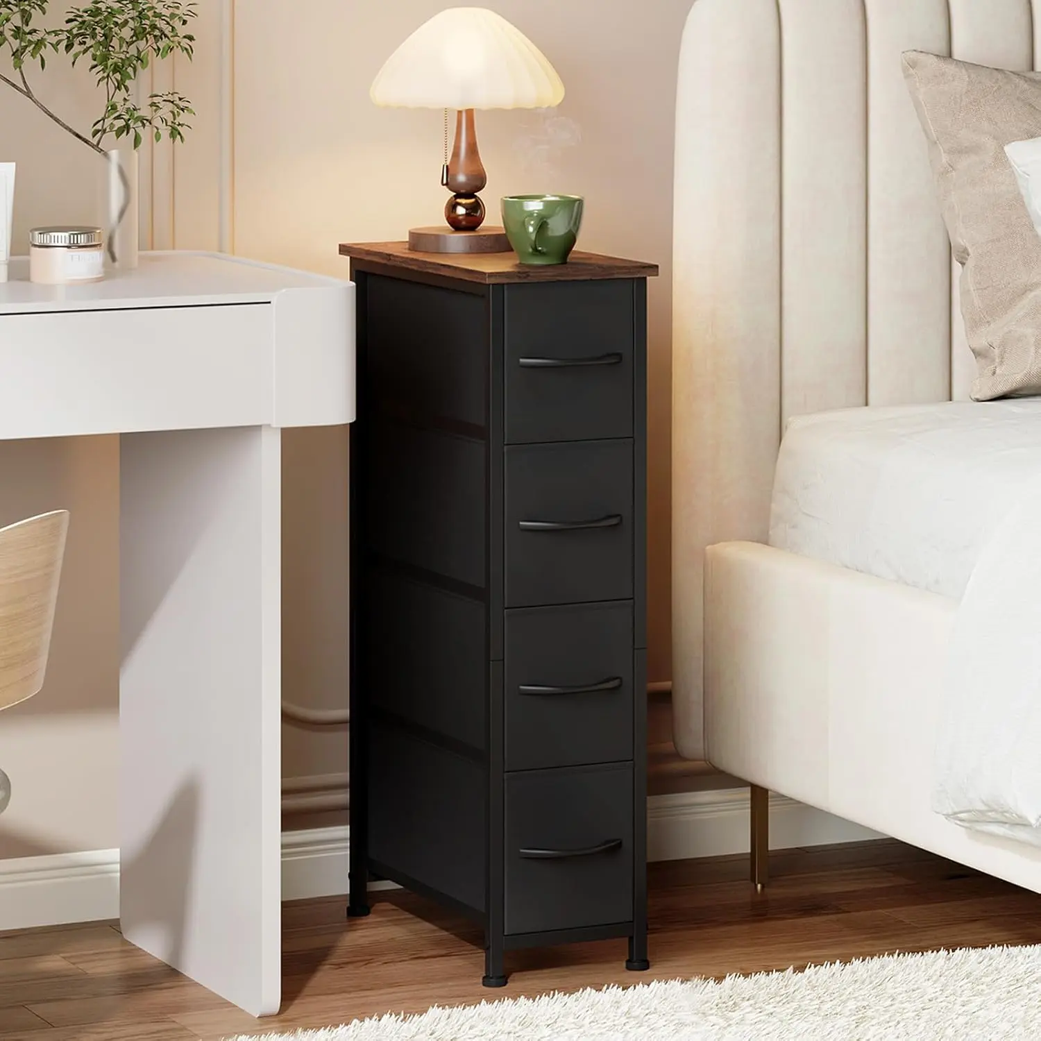 Somdot Tall Black Narrow Nightstand - Sturdy Slim Metal Frame Bedroom Storage Cabinet, 4 Fabric Drawers, PU Leather Top Shelf, Removable Legs, Chest of Drawers, Assembly Required, Space-Saving for Small Spaces