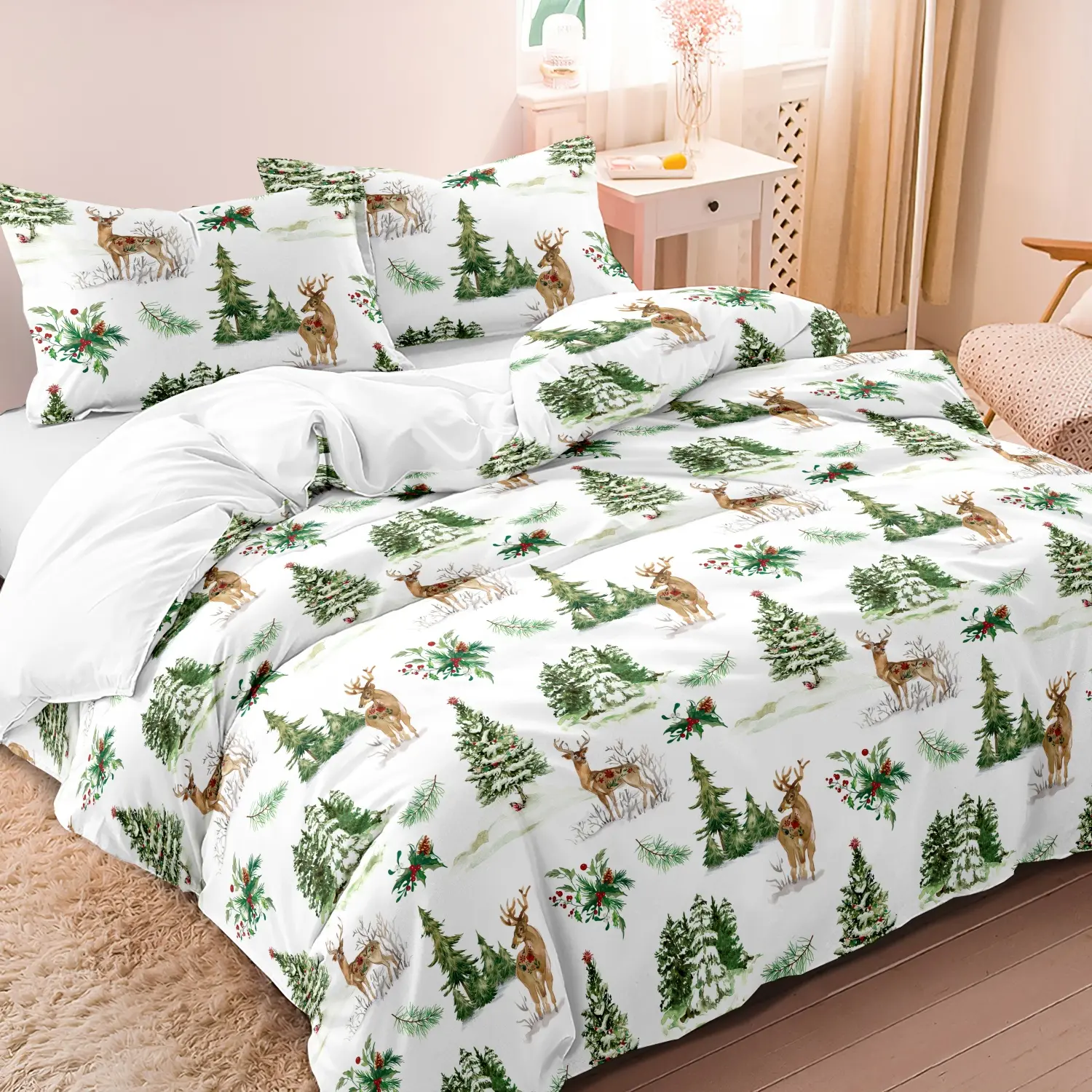 3pcs Christmas Elk Tree Digital Print Decorative Duvet Cover Bedding Set, Included 1 Duvet Cover & 2 Pillowcases, Machine Washable, All-Season Christmas Home Bedroom Dormitory Bedding Decoration