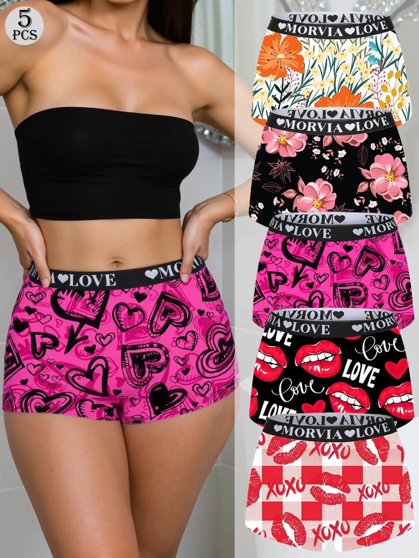 Morvia 5pcs Women's Sexy Lip Print & Kiss Pattern Boxers, Fashion Breathable Underwear, High Stretch, Breathable, Quick-Dry Fabric, Perfect for Gym, Dating & Travel, Soft Comfy Panties, Fitted Panties, Breathable Fit Panties
