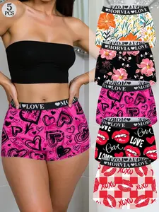 Morvia 5pcs Women's Sexy Lip Print & Kiss Pattern Boxers, Fashion Breathable Underwear, High Stretch, Breathable, Quick-Dry Fabric, Perfect for Gym, Dating & Travel, Soft Comfy Panties, Breathable Fit Panties