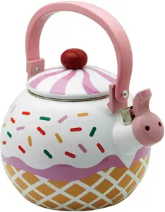 Whistling Tea Kettle Enamel on Steel Teakettle,  Strawberry Cupcake Design, 1.7 Quart