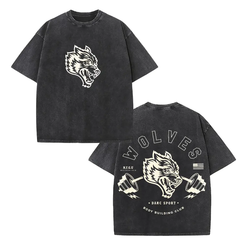 Darc Sport Wolves Bodybuilding Club Vintage Washed Oversized Tee Heavyweight Cotton California Gym Apparel Loose Breathable Street Style Top for Weightlifting Workout Fitness Daily Casual Wear sohochic