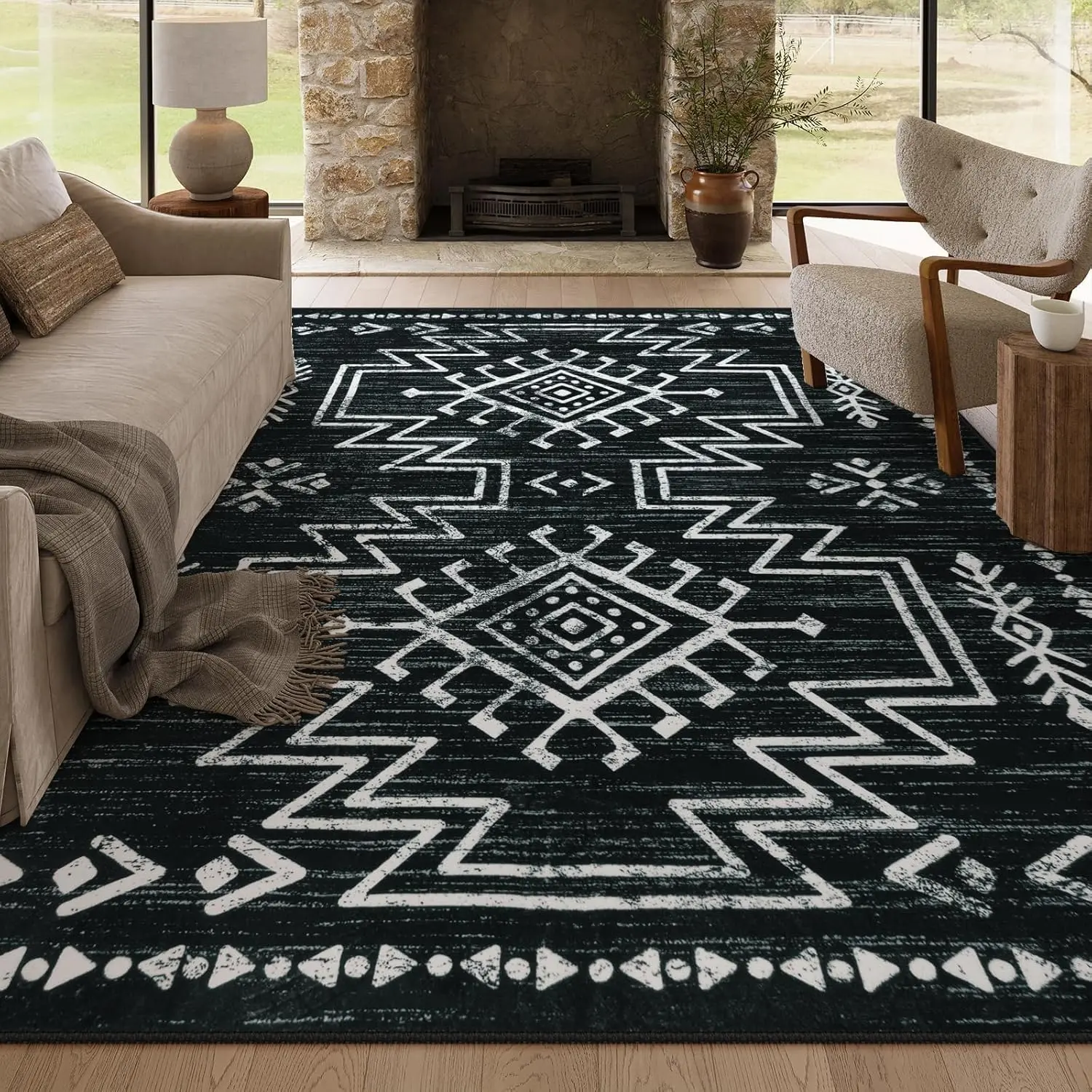Lahome Boho Washable Soft Rug for Living Room, Bedroom,Moroccan Western Dining Room Rug for Under Table, Low Pile Distressed Aztec Rug for Home Decor