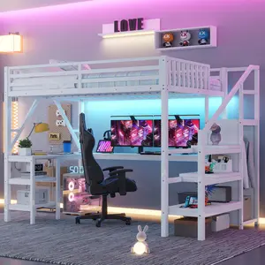 Full/Queen Metal Loft Bed with Wardrobe & LED Light, Loft Bed with L-Shaped Desk, USB Ports & Charging Station , Black/White