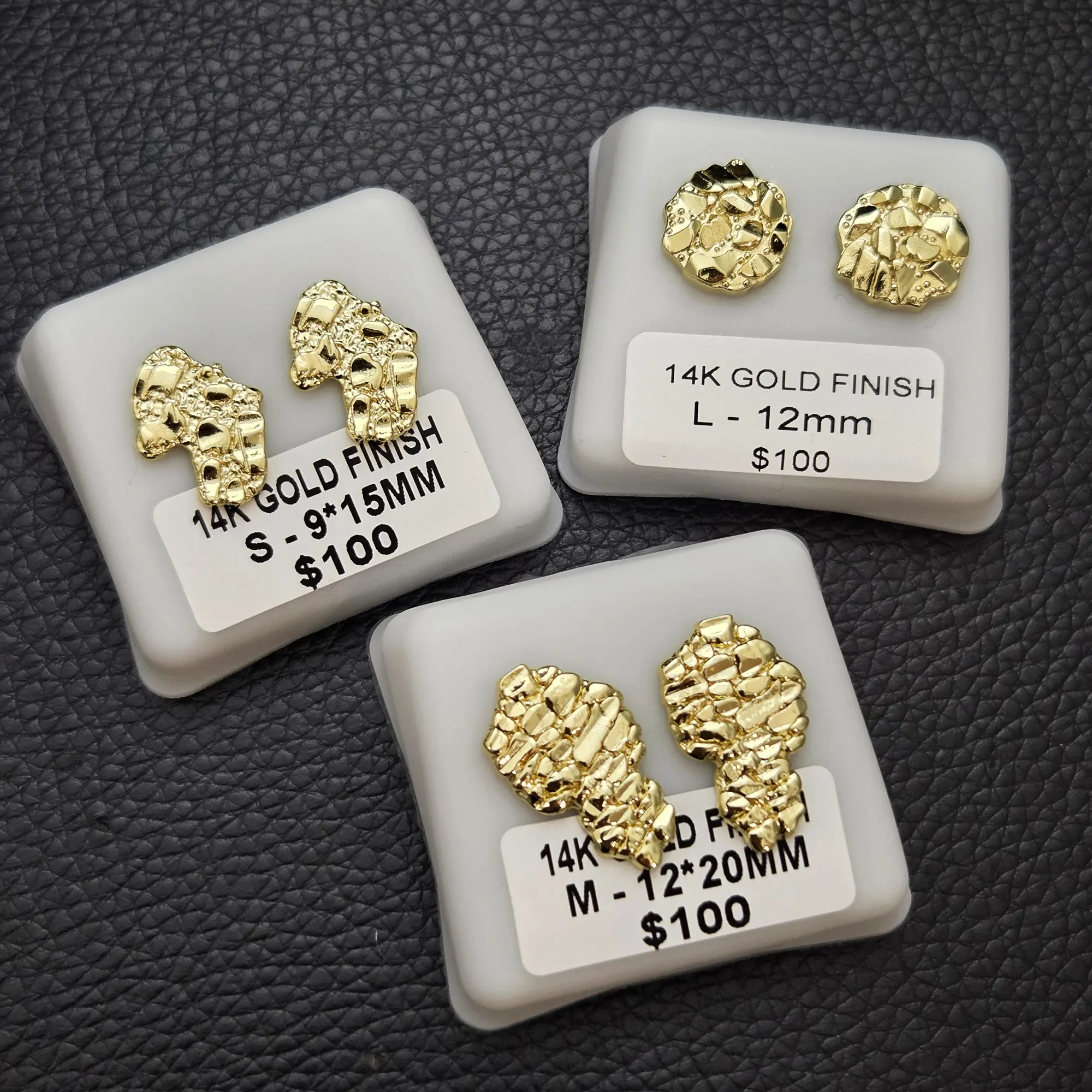 MaxBling81 3PCS Brass High-End 14K Gold Finished Nugget Style Earrings Iced Stud Statement Earrings, Unisex / Men / Women Fashion Costume Jewelry