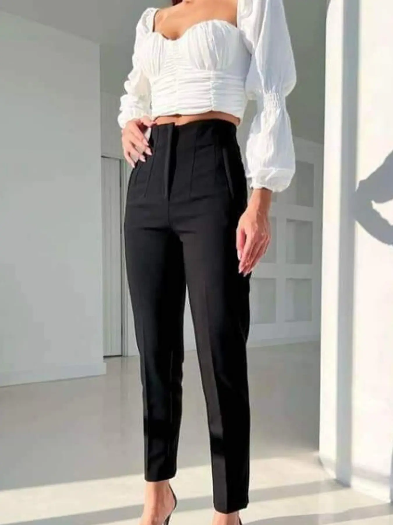 Women's Black Pants Office Casual High Waisted Commuter Pants Cropped Trousers Woman Spring Summer Pleated High Waist Pants Street Beige Khaki Long Straight Leg Women’s Trousers Confortable Suit Pants Womenswear