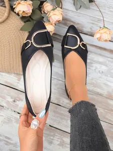 Women's Pointed Toe Metal Buckle Decorative Casual Versatile Flat Shoes, Comfortable Everyday Wear, Stylish and Practical Footwear