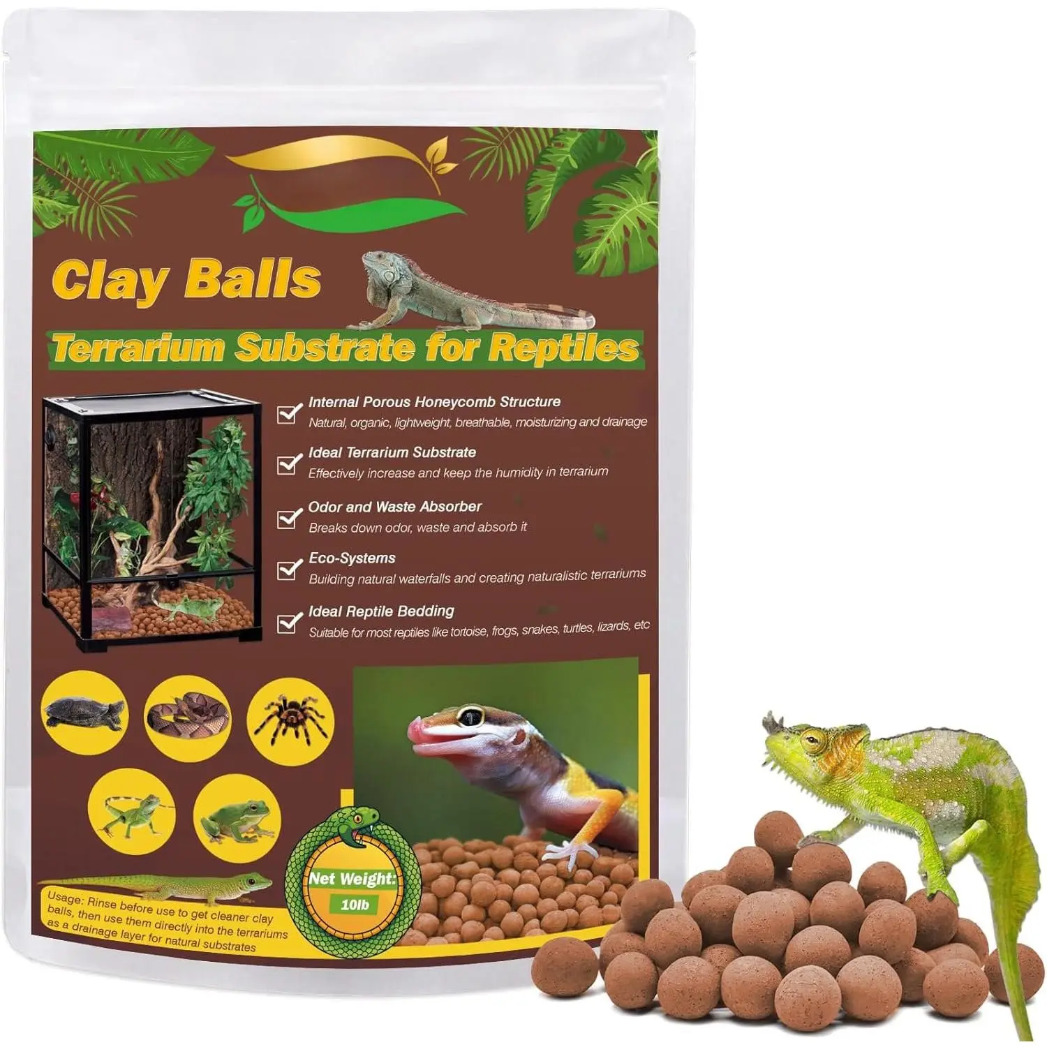 Reptile Substrate Leca Balls - 10lbs  Expanded Clay Pebbles, Bioactive Terrarium Bedding for Reptile Tank Habitat Accessories, Ideal for Bearded Dragon, Tortoise, Gecko, Snake & Frog