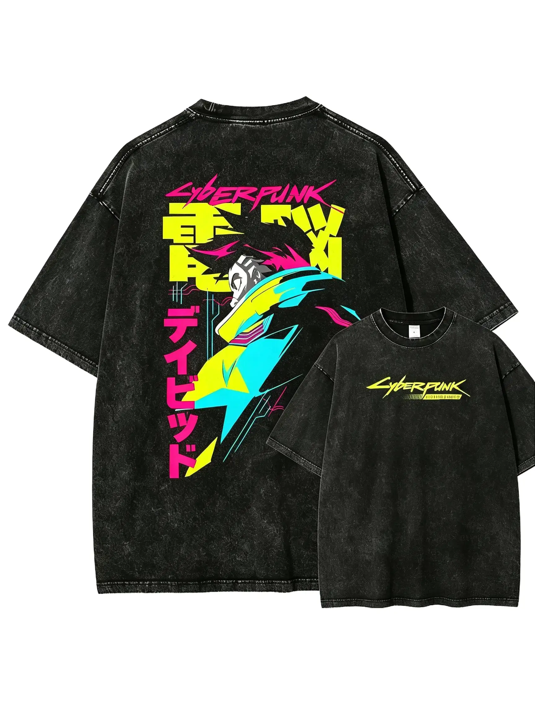 Men's Retro Cyberpunk Edgerunners David Martinez Oversized Short-Sleeve T-Shirt - Acid Wash Heavyweight Cotton, Neon Yellow Vintage Anime Graphic, Harajuku Streetwear Apparel (Pairs with Jeans)