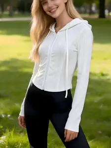 Women's All-Season Solid Color Hooded Long Sleeve Sweatshirt with Zipper, Fashion Casual Elastic Stretch Sun Protection Top, Comfortable and Stylish