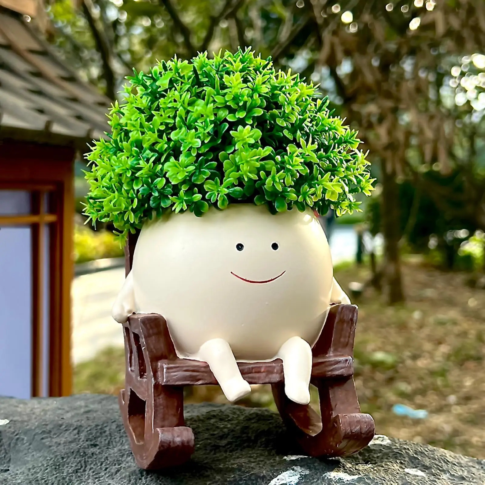 Smily Face Garden Planter Pot, 1 Piece Cartoon Design Resin Pot for Indoor Plants, Cute Sit Rocking Chair Succulent Flower Pots with Drain Hole, Decorative Flower Pot for Home Office Desk Smiley Face