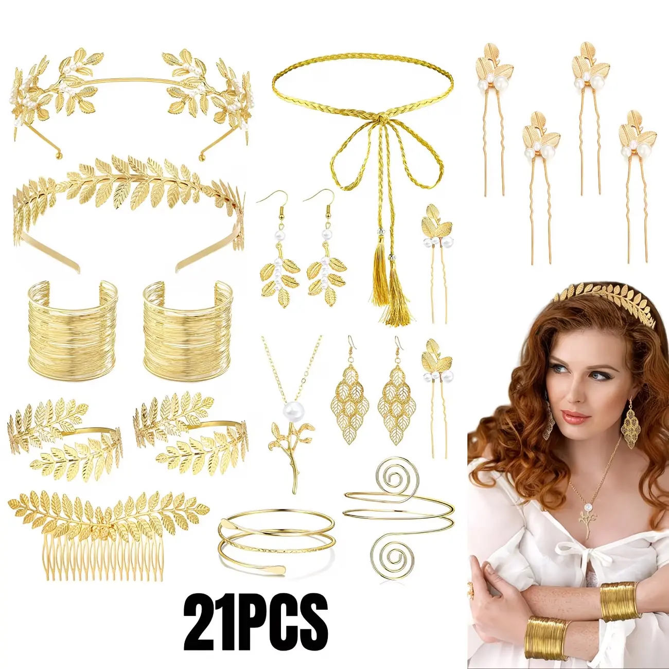 21Pcs Greek Goddess Costume Accessories Set, Golden Leaf Headband, Hair Pins, Faux Pearl Earrings, Arm Cuff, Coil Bracelet & Belt, Elegant Grecian Jewelry for Women, Toga Party, Wedding, Cosplay, Daily Wear & Holiday Gift