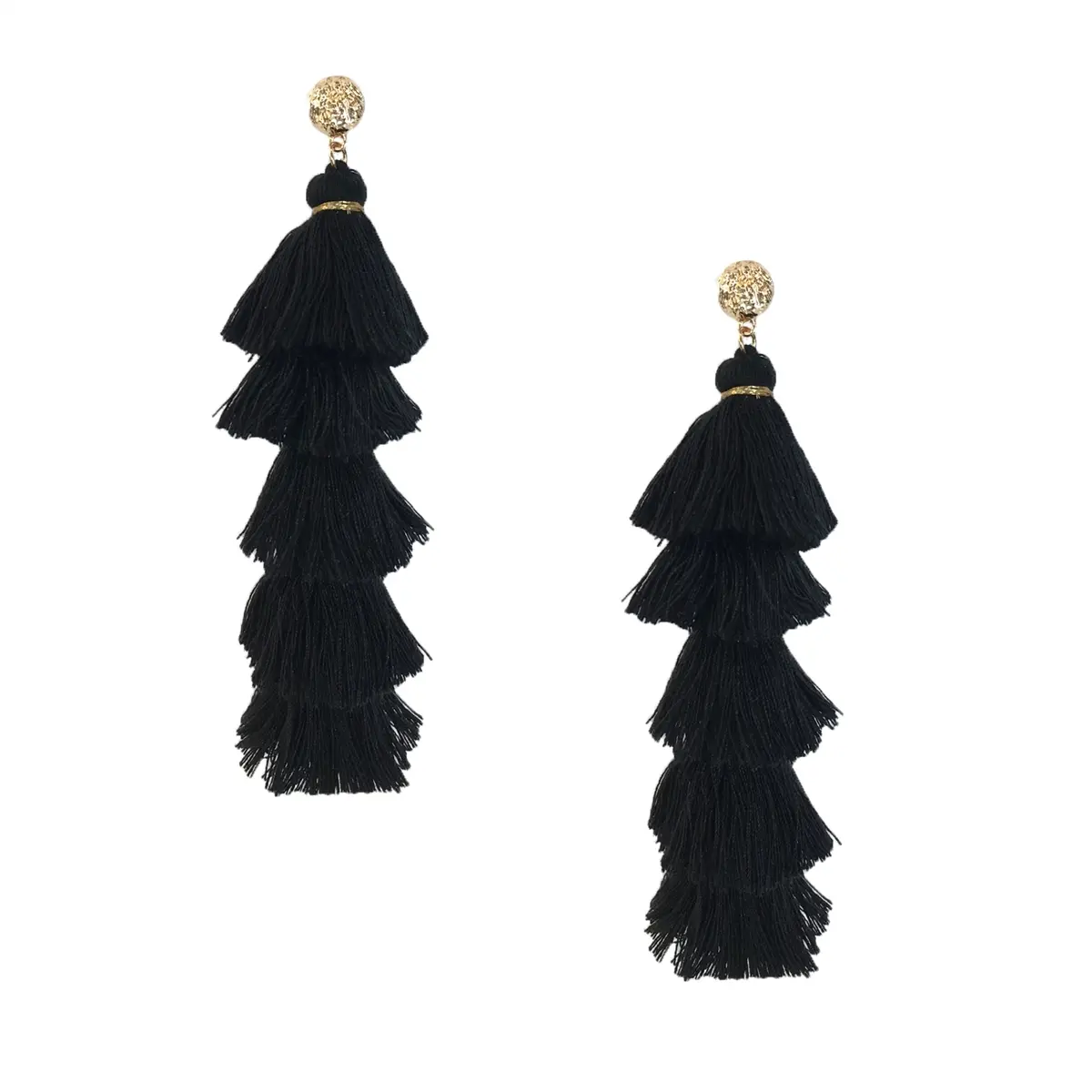 Bagtique Jewelry Collection Women's Willow Long Tassel Fringe Drop Earrings - Black, Imported Thread, Secure Post, Tiered Layers, 1.25in Width, 6in Length, Evening Wear, Non-Irritating, 1.25 Inches Width, 6 Inches Length, Female, Bold Statement, Golden St