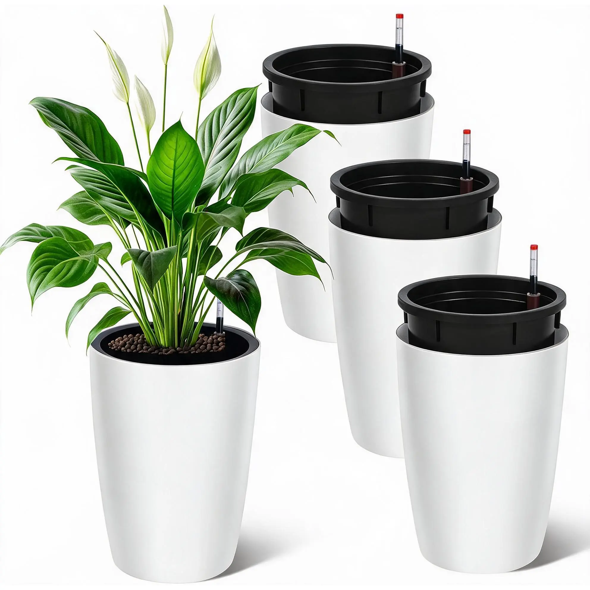 Outdoor Plant Tall Flower Pots, Large Flower Pots, 4-Piece Set, Outdoor and Indoor Flower Pots, with Water Level Monitor and Inner Bucket, Automatic Watering, Suitable for Porch, Patio, Backyard, White