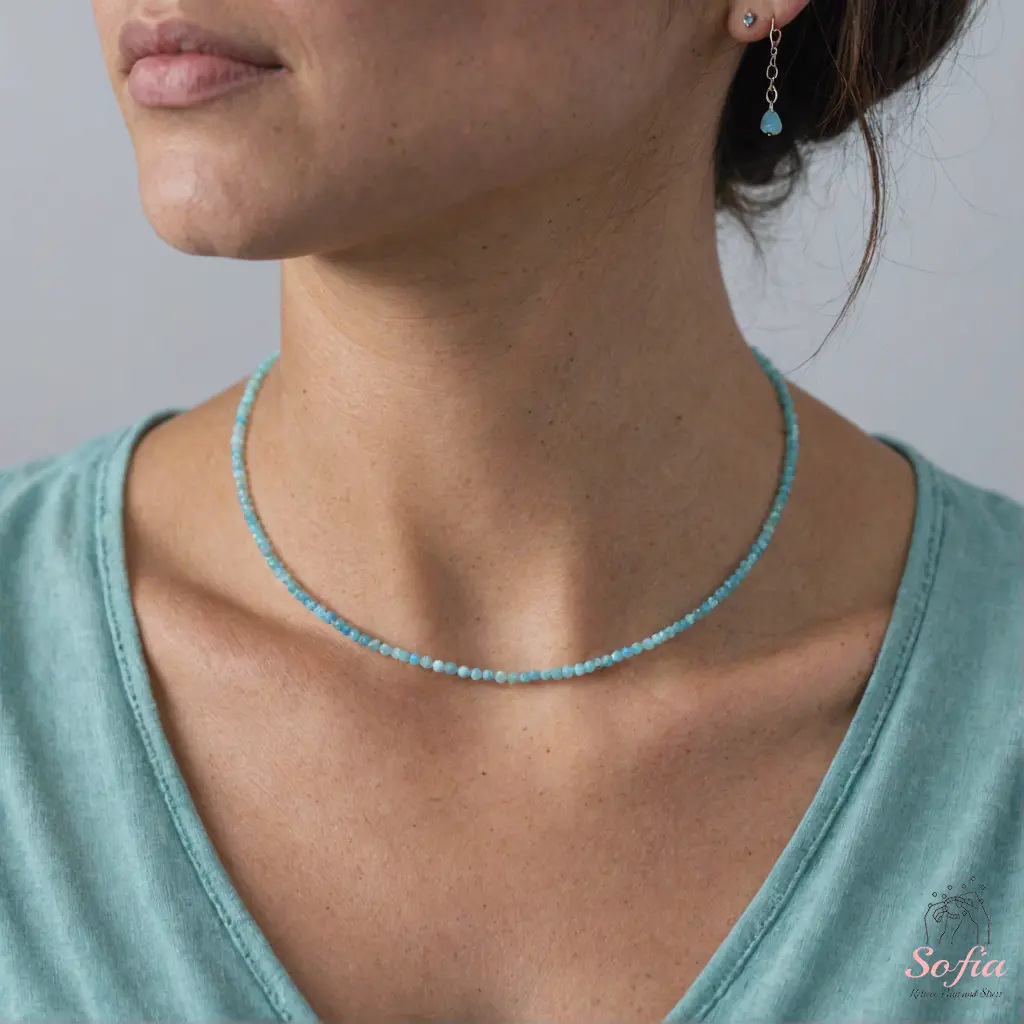 Women's Handmade Adjustable Delicate Larimar Beads Choker Necklace - Tiny Dainty Look Faceted Gemstone Beaded Chain, Waterproof Crystal Jewellery, Dainty Necklaces for Daily Wear Gift