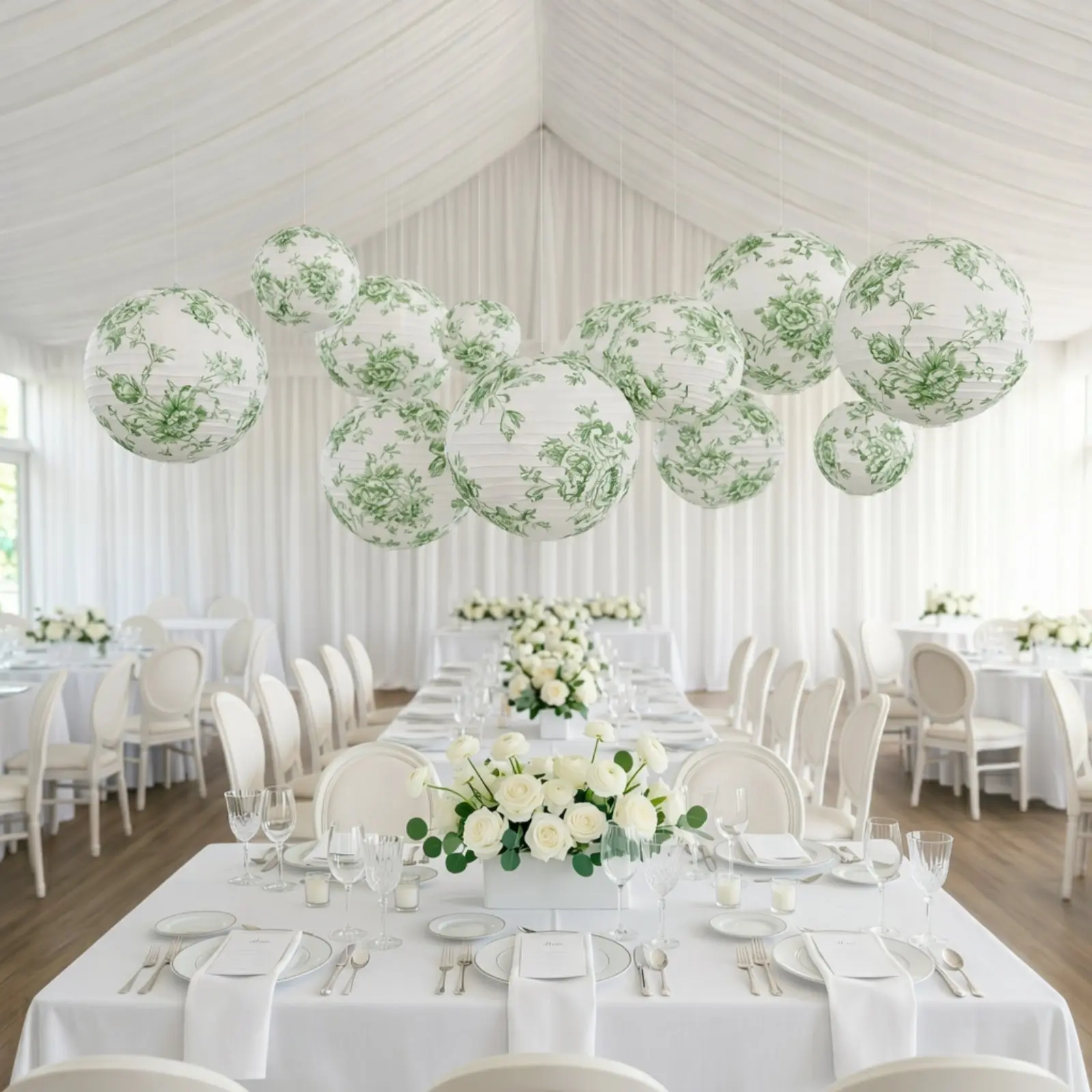 8-Pc Round French Toile Hanging Paper Lanterns Set - White with Sage Green Flower Pattern, Mix Sizes for Depth (6in,8in,10in,14in), French Toile Charm Party & Holiday Hanging Decorations
