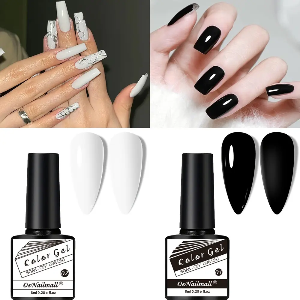 2-Piece White & Black Pure Color UV LED Soak off Gel Polish, Gel for Nails, UV Gel Set, Nail Art Nail Care for Home Salon DIY Daily Use, Professional Quality