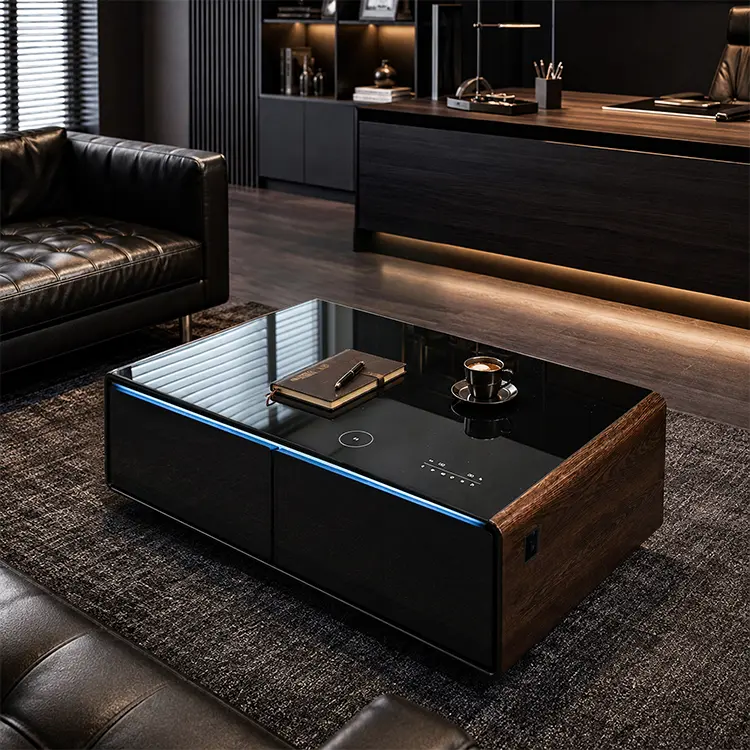 Smart Coffee Center Table with Built-in Refrigerator Drawers, Bluetooth Speaker, Wireless Charger for Office Lounge, Modern Smart Furniture