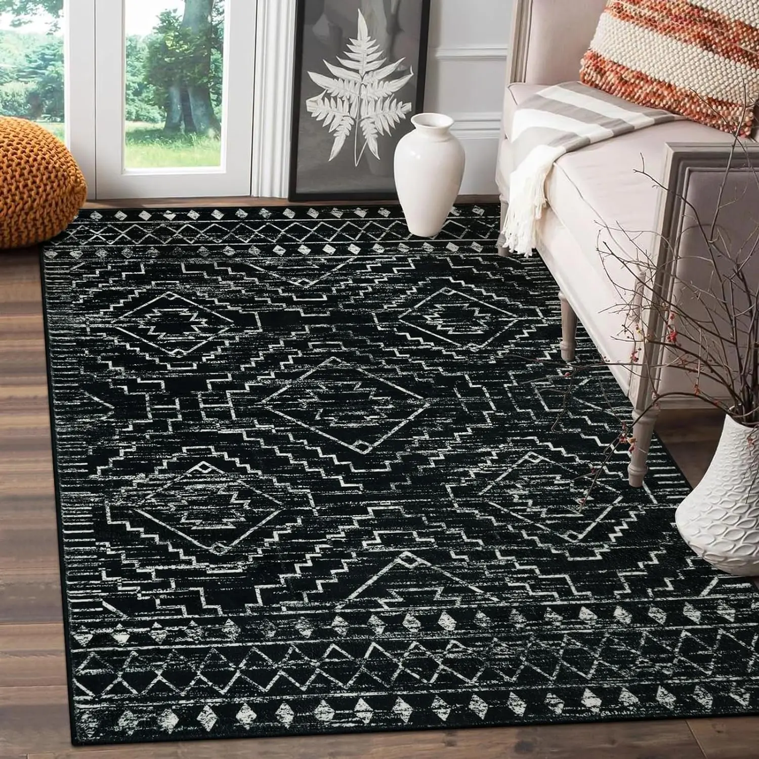 Moroccan 3x5 Rug, Black Washable Small Rug for Bedroom, Non-Slip Geometric Tribal Entry Throw Mat, Boho Farmhouse Rustic Soft Low Pile Area Rug for Bathroom Dining Guest Room (Black,3'x5')