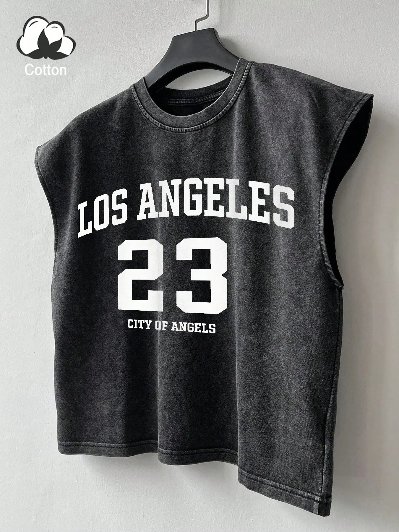 Retro Los Angeles 23 Basketball Jersey Style Cropped Sleeveless Top, Washed Black "City of Angels" Print Muscle Tank Top, TikTok Viral 90s Hip Hop Streetwear, Graphic Jersey Top