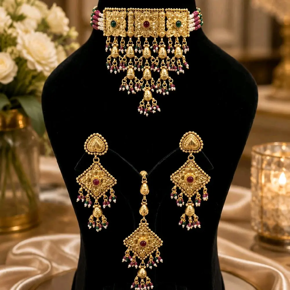lElegant Matching Jewelry Set - Gold-Plated Waterfall Choker with Square Detail, Tikka & Earrings Included