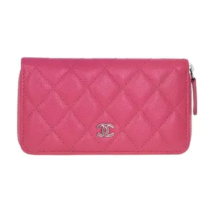 Pre-owned CHANEL Caviar Small Leather Goods Quilted Zip Around Wallet Hot Pink