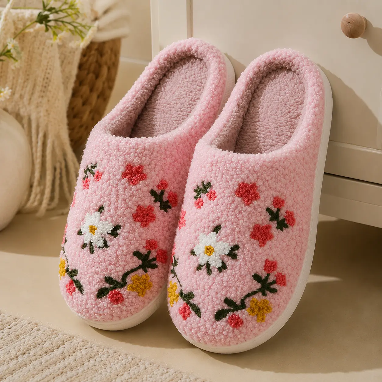 Women'S Comfortable Colorful Floral Pattern Plush Slippers Soft Sole Winter Warm Home Indoor Shoes, Women Shoes