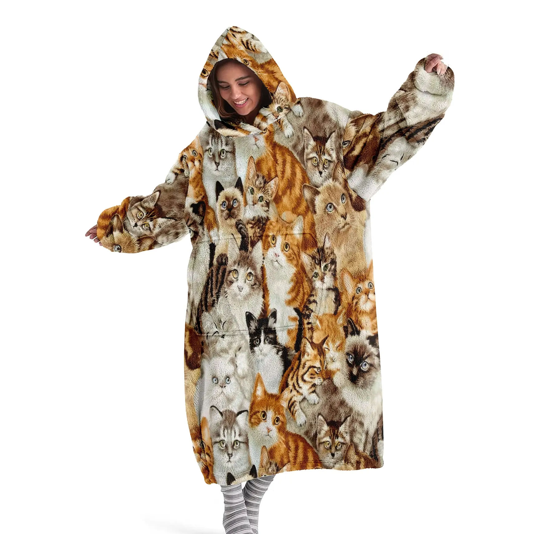 hoodie blanket，Wearable Blanket，Cute Cat Print Hooded Blanket Sweatshirt, Wearable Oversized Blanket with Sleeves, Comfortable Adult Hoodie, Cozy Hooded Blanket, Valentine's Day Gift，Christmas Gift,Valentine's Day gift