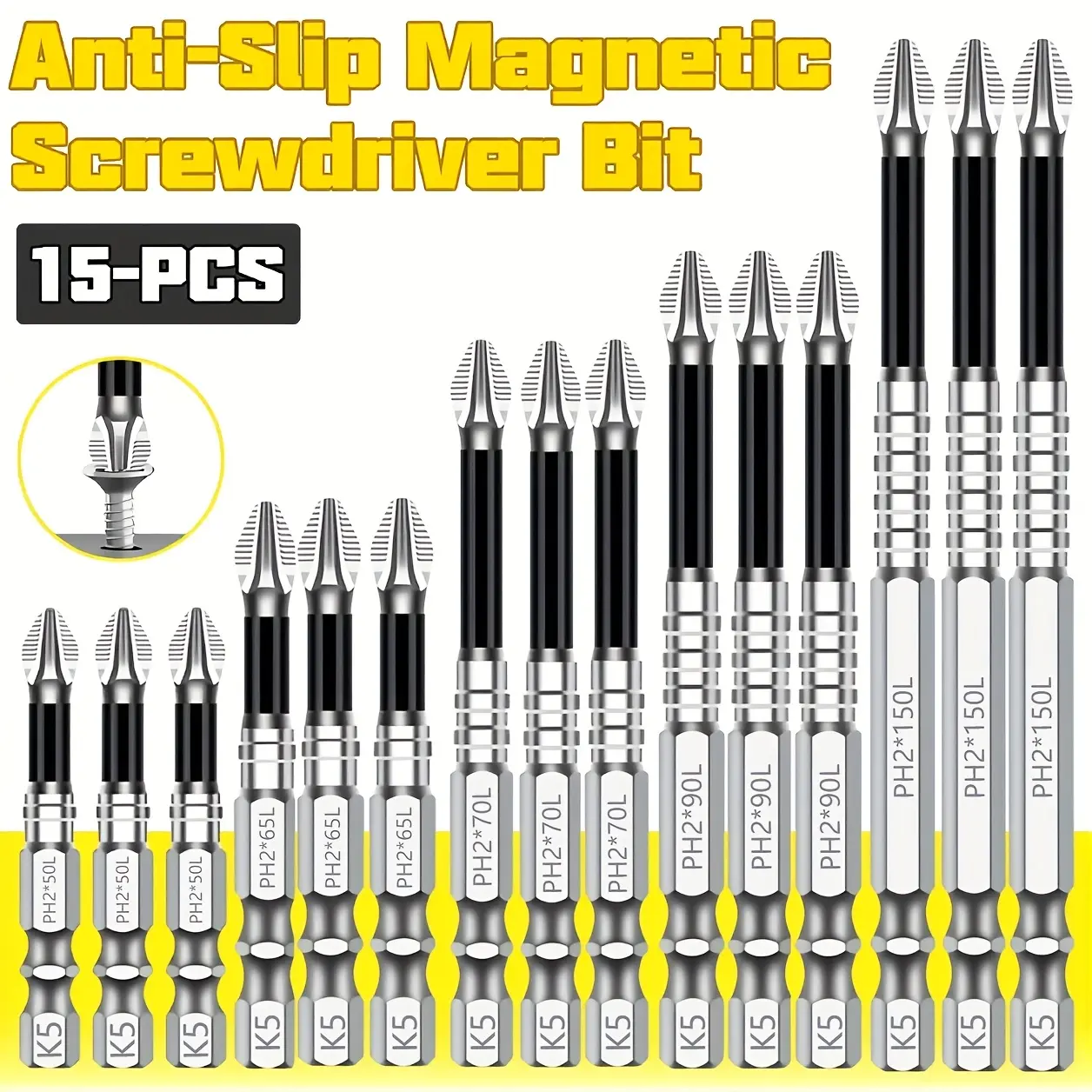 15Pcs K5 Anti-slip Impact Resistant Twist Drill Bit Set, Cross Positioning Bits, Non-slip Magnetic Screwdriver Bits, Steel Shockproof Magnetic Driver Bits, Hex Shank Cross Screwdriver Bits with Strong Magnetism Metal Bits